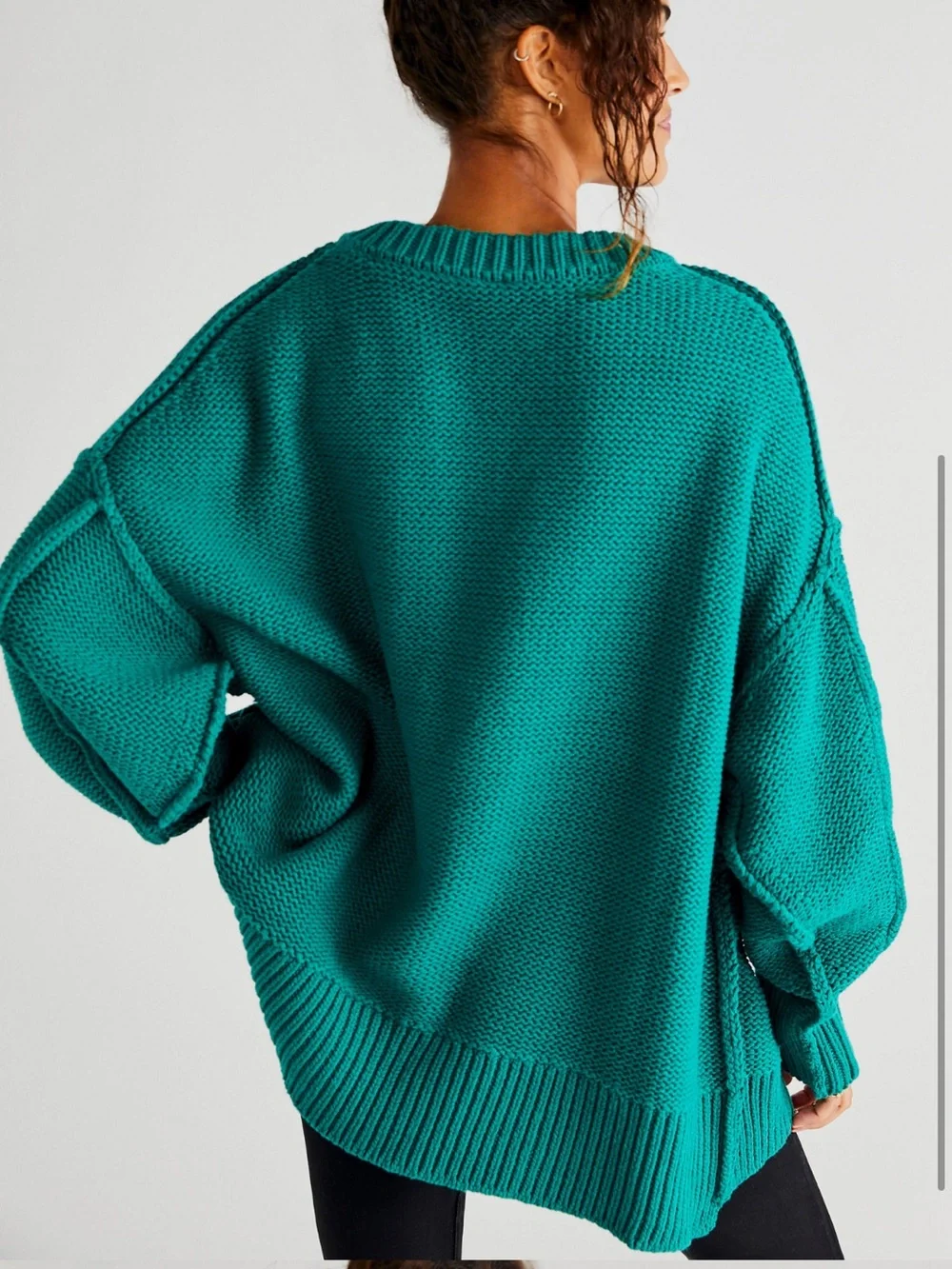 Free People Teal Green Oversized Alli V-Neck Knit Sweater